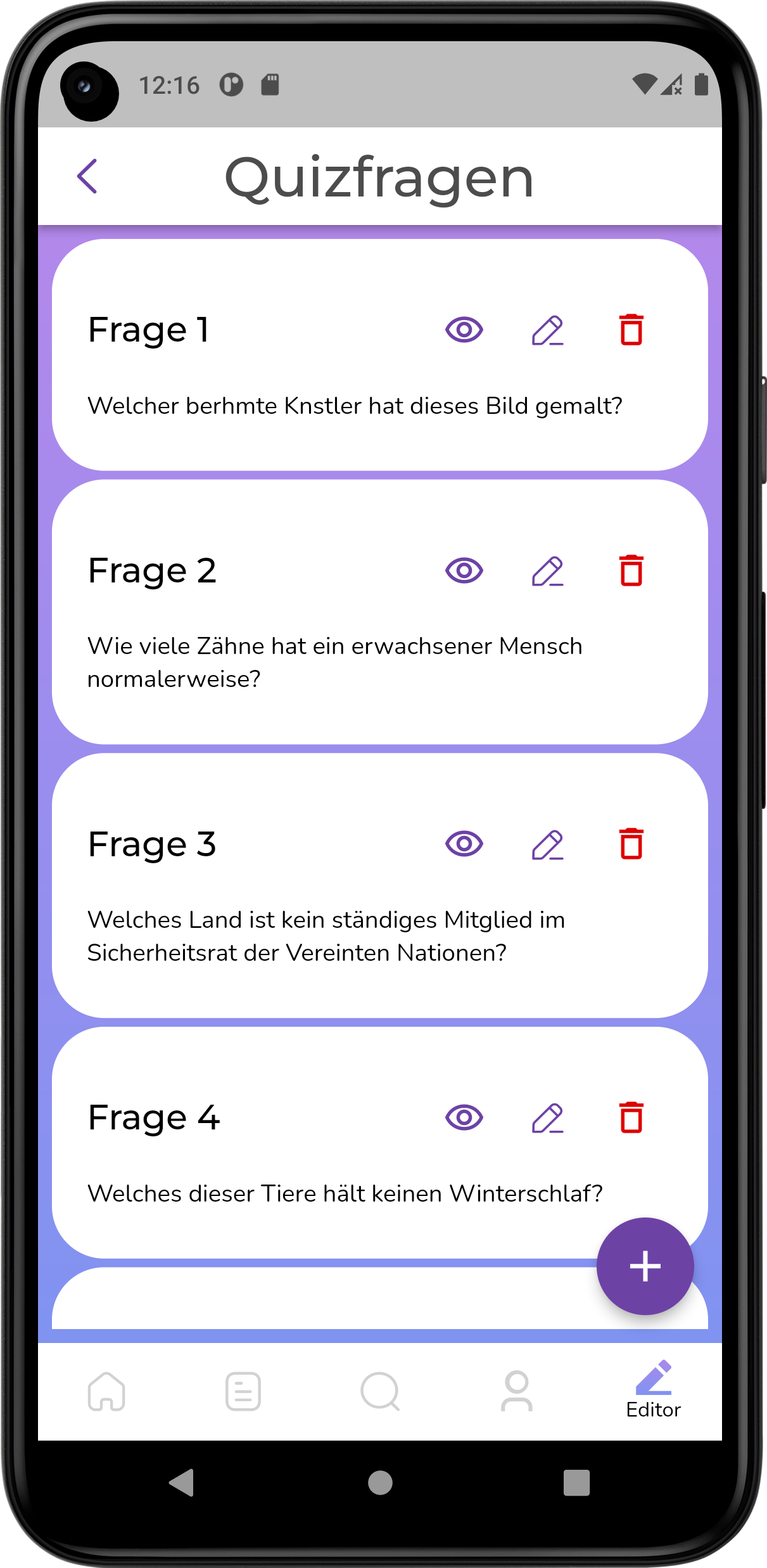 Editor in der mobilen Ansicht